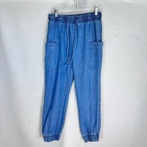 Indigo Rein denim cargo jogger pants drawstring and elastic waistband Size L